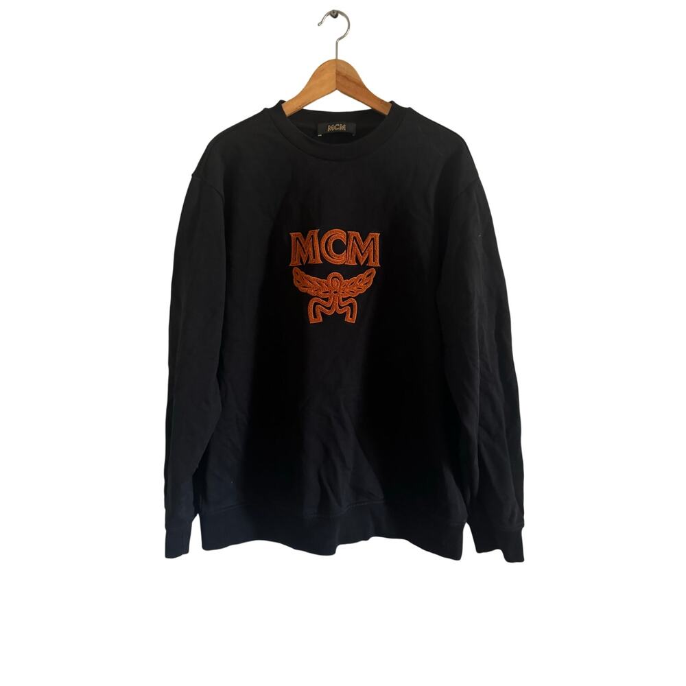 MCM Black Chenille Logo Crewneck Sweatshirt Mens 2XL Made in Korea MHABSMM06-B2